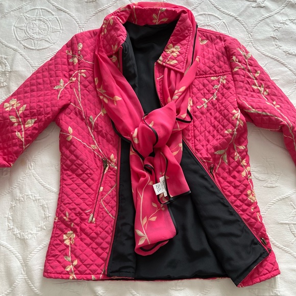 100% Silk reversible front zip jacket black and hot pink  matching scarf - Picture 2 of 11